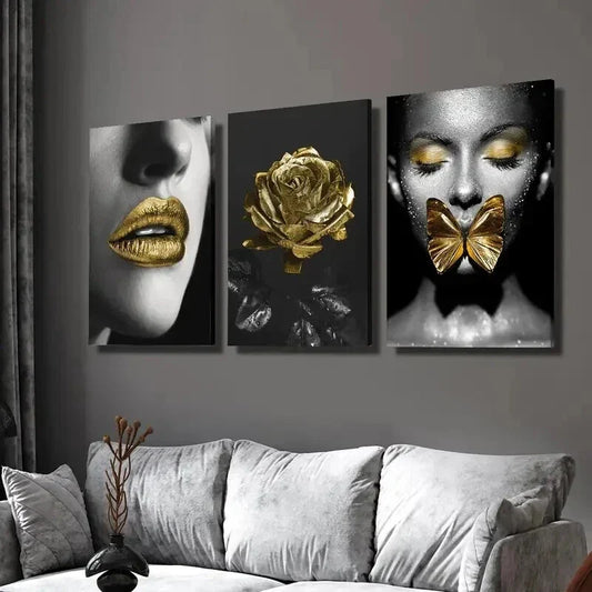 3pcs Woman With Golden Lipstick Butterflies Rose Wall Art Set Canvas Framed 40x60cm - High Quality Print 100% Australian Made Wall Canvas Ready to Hang