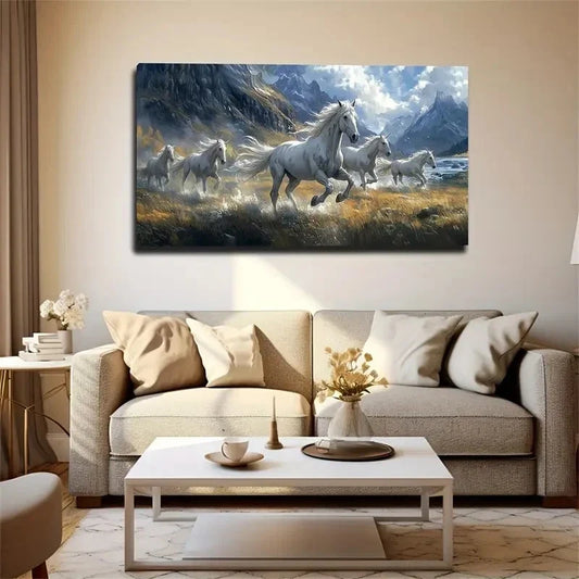 Majestic White Horses Wall Art canvas office home room framed 120x60cm