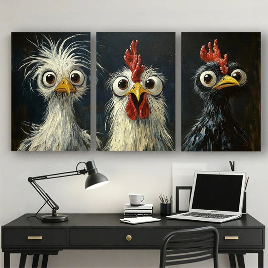 3pcs Three Chickens with Wide Open Eyes Metal Print Ready to Hang Art