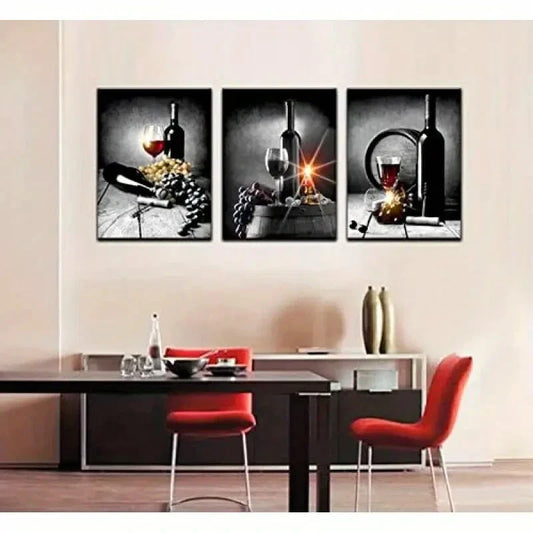 3pcs Wine with Grape Kitchen Painting Pictures  Metal Print Ready to Hang Art