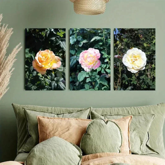 3pcs Yellow, White & Pink Roses Metal Print Ready to Hang Art