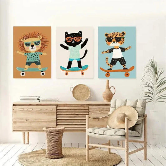 3pcs Cool Skateboard Animal Metal Print Ready to Hang Art
