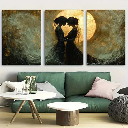 3pcs Romantic Embrace of Two Women in Lace Metal Print Ready to Hang Art
