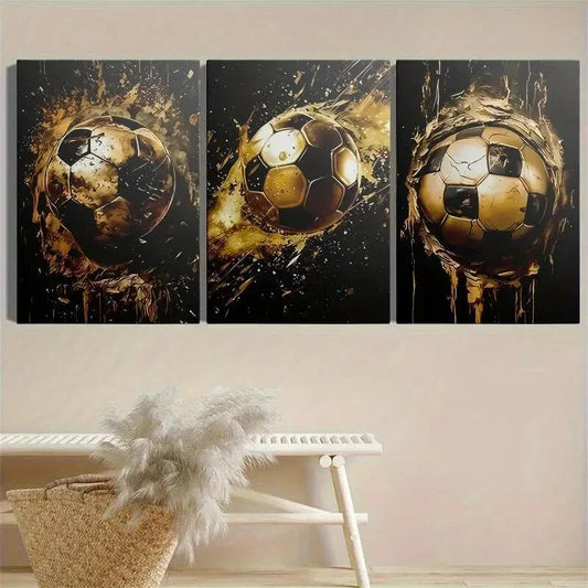 3pcs Golden Football Abstract Metal Print Ready to Hang Art