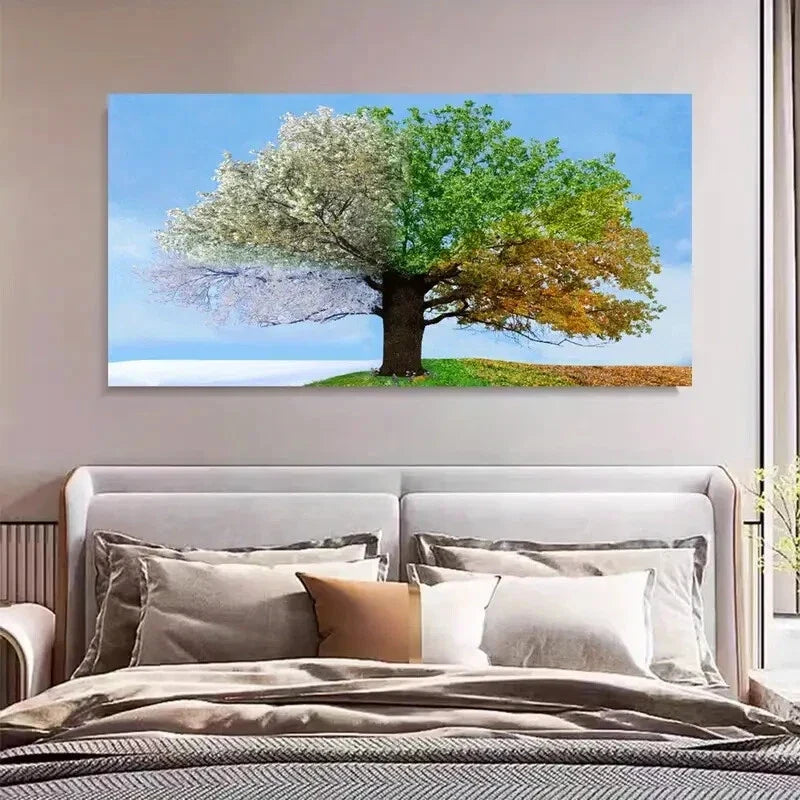 Four Seasons Tree Of Life Walcl Art Canvas Office Home Room Framed 120x60cm