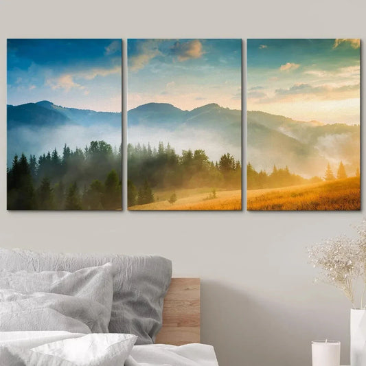 3pcs Morning Mountain Forest with Fog & Nature Metal Print Ready to Hang Art