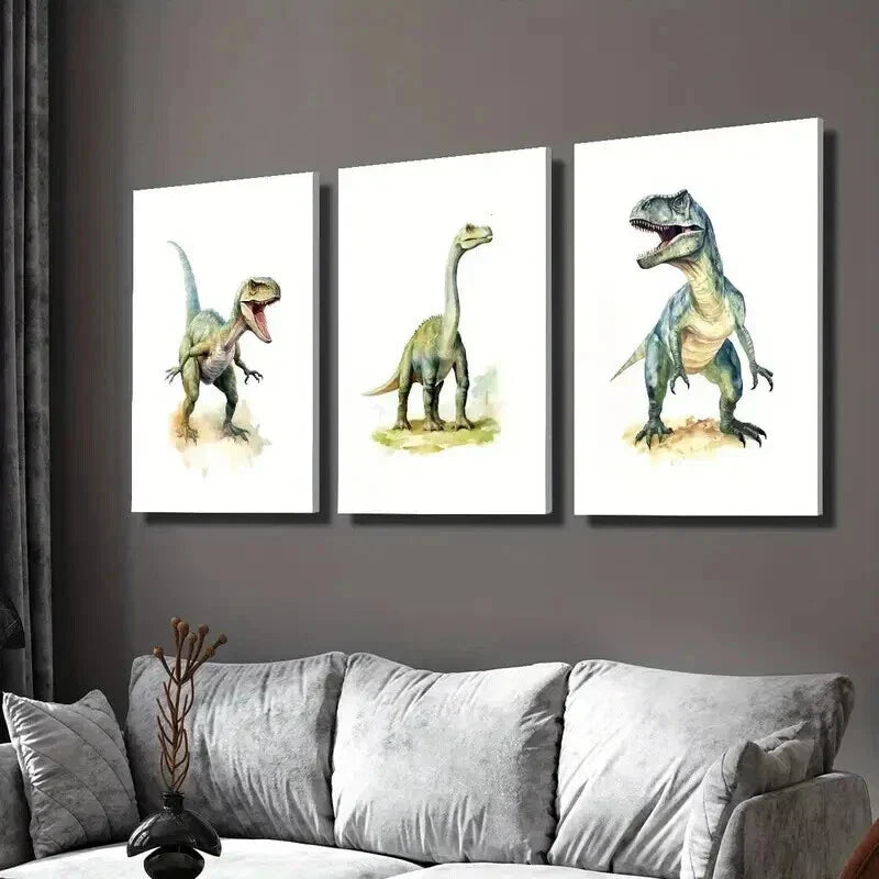 3pcs Tyrannosaurus Rex Velociraptor Illustration Wall Art Set Canvas Framed 40x60cm - High Quality Print 100% Australian Made Wall Canvas Ready to Hang