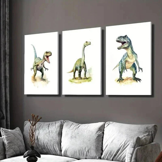 3pcs Tyrannosaurus Rex Velociraptor Illustration Wall Art Set Canvas Framed 40x60cm - High Quality Print 100% Australian Made Wall Canvas Ready to Hang