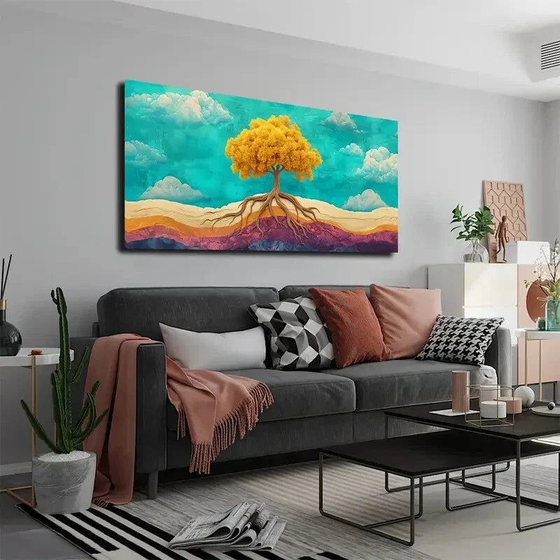 Tree Golden Branches Leaves Wall Art Canvas Office Home Room Framed 120x60cm