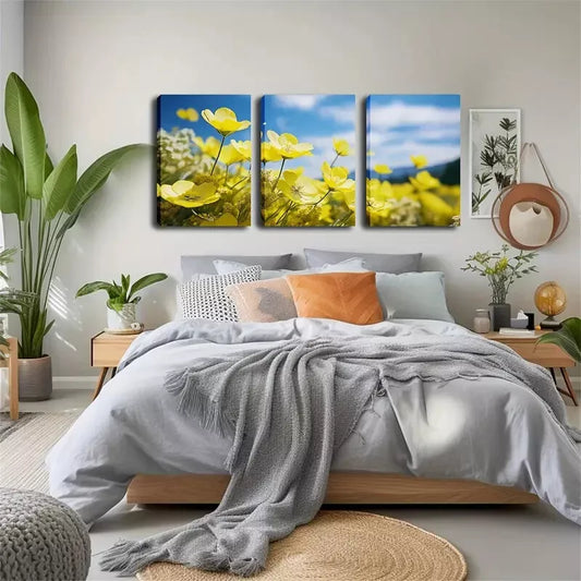 3pcs  Blooming Small Yellow Flowers Wall Art Set Canvas Framed 40x60cm - High Quality Print 100% Australian Made Wall Canvas Ready to Hang