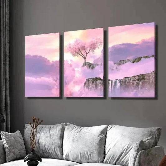 3pcs Waterfalls and Pink Cherry Blossoms Wall Art Set Canvas Framed 40x60cm - High Quality Print 100% Australian Made Wall Canvas Ready to Hang