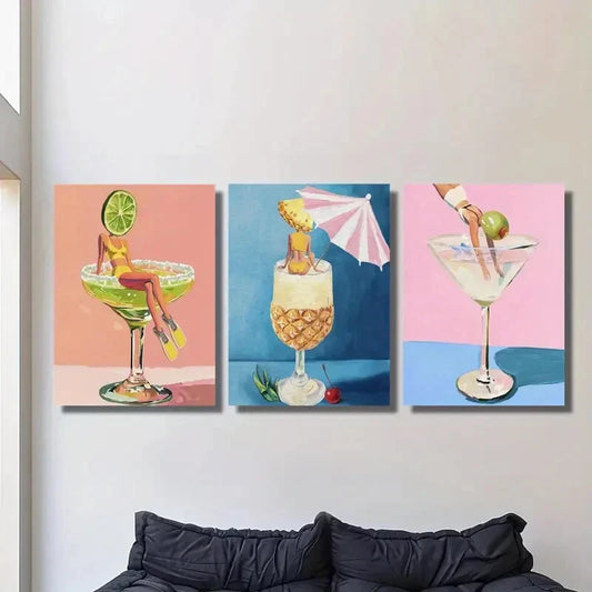 3pcs woman in wine glass, Metal Print Ready to Hang Art
