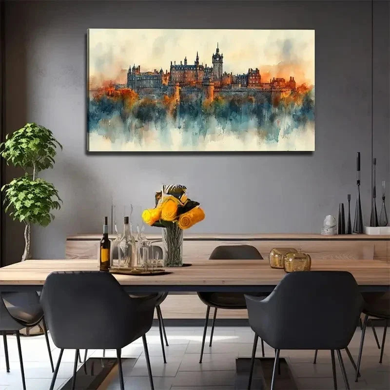 Watercolor Castle Nature Wall Art Canvas Office Home Room Framed 80x45cm
