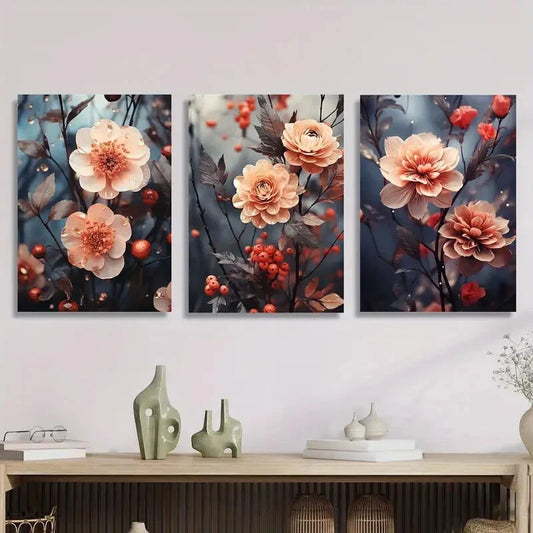 3pcs Pink Flowers and Berries, Botanical Flower  Metal Print Ready to Hang Art