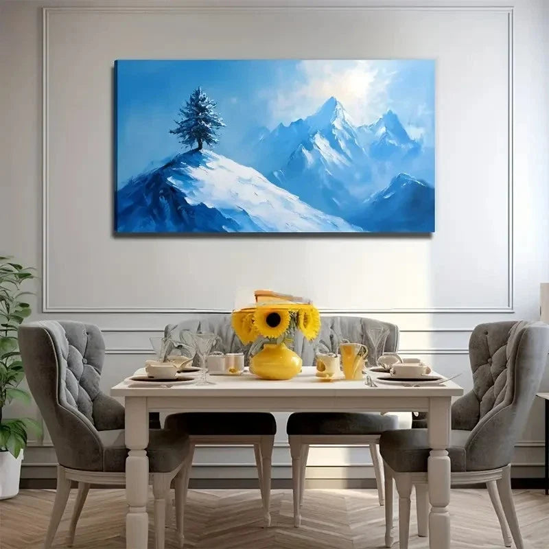 Snowy Peaks Painting In Blue Wall Art Canvas Office Home Room Framed 120x60cm