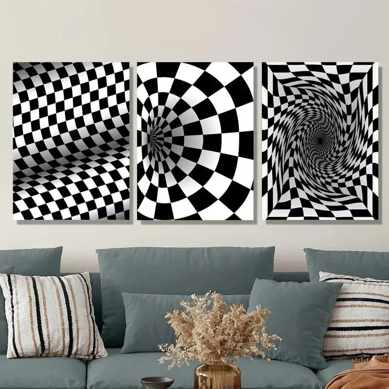 3pcs Black and white optical illusion swirl   Metal Print Ready to Hang Art