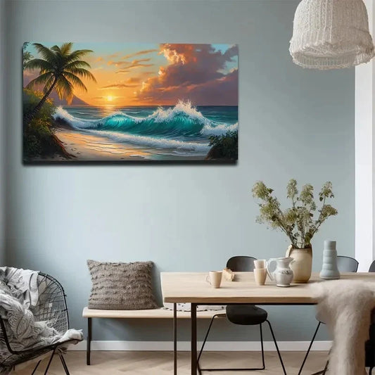 Tropical Beach Scene with Palm Wall Art canvas office home room framed 120x60cm