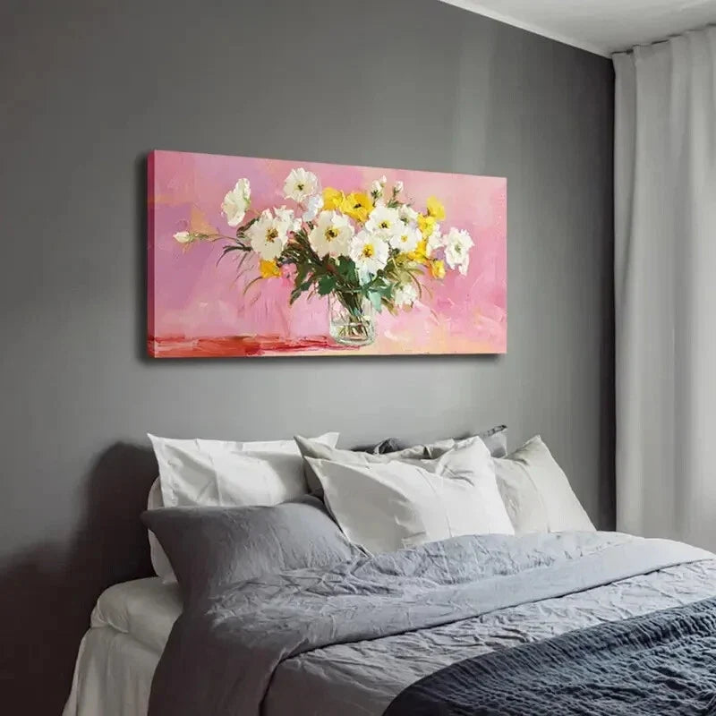 White & Yellow Flowers in Glass Wall Art Canvas Office Home Room Framed 120x60cm