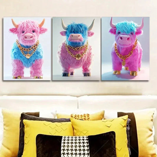 3pcs  Pink Highland Cattle Wall Art Set Canvas Framed 40x60cm - High Quality Print 100% Australian Made Wall Canvas Ready to Hang