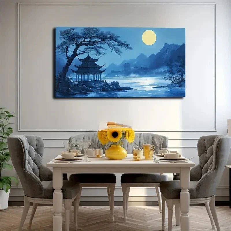 Blue With A Moonlit Night Sky Wall Art Canvas Office Home Room Framed 120x60cm