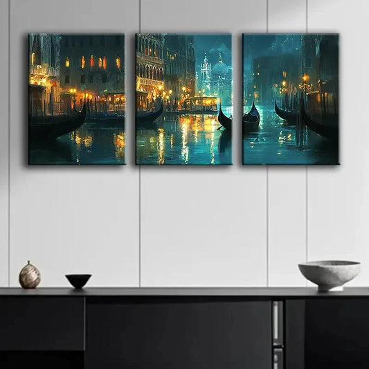 3pcs Venetian Grand Canal Night Moon Perfect Wall Art Set Canvas Framed 40x60cm - High Quality Print 100% Australian Made Wall Canvas Ready to Hang