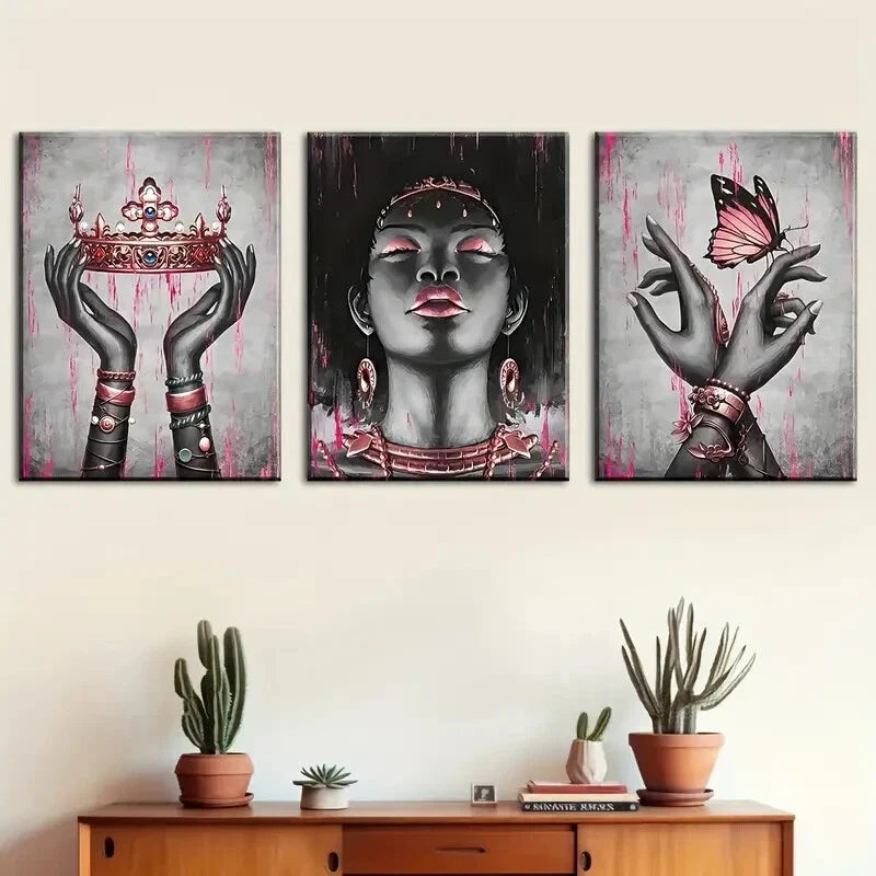 3pcs pink and black female portrait,  Metal Print Ready to Hang Art