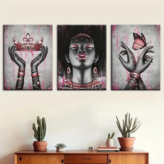 3pcs pink and black female portrait,  Metal Print Ready to Hang Art