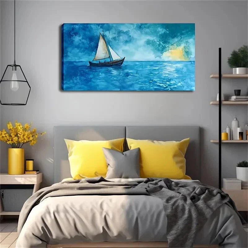 Boat On The Blue Sea Wall Art canvas office home room framed 120x60cm