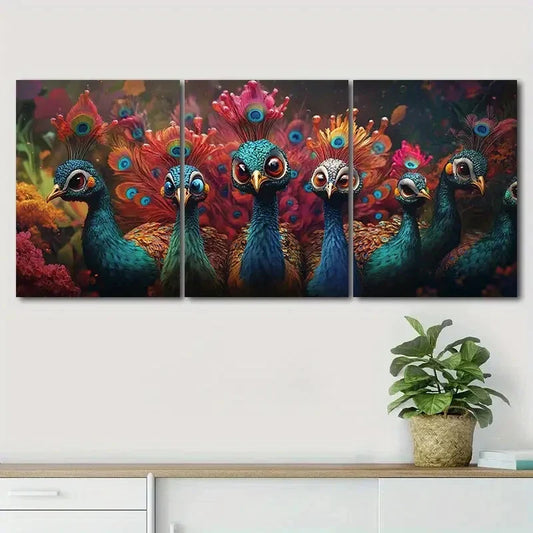 3pcs Flock of Brightly Colored Peacocks Perfect Wall Art Set Canvas Framed 40x60cm - High Quality Print 100% Australian Made Wall Canvas Ready to Hang