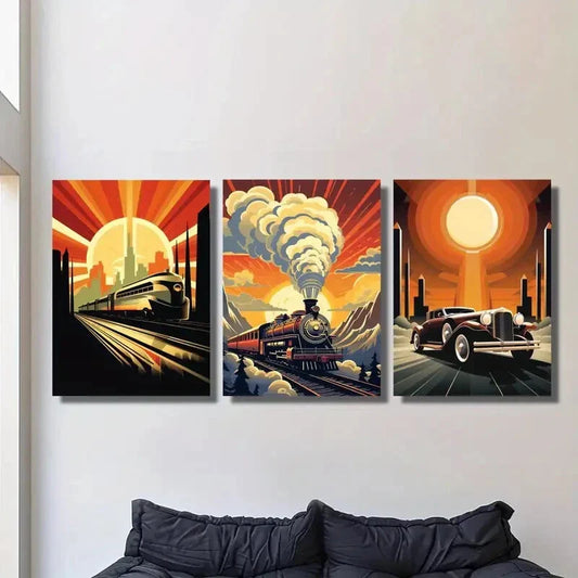 3pcs Vintage Cars & Trains, Retro Abstract Steam Metal Print Ready to Hang Art