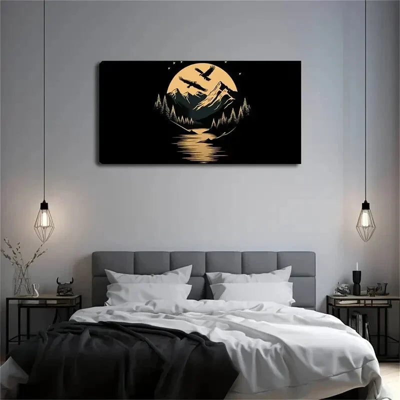 Mountain Moon Silhouette Dark Wall Art Canvas Office Home Room Framed 120x60cm