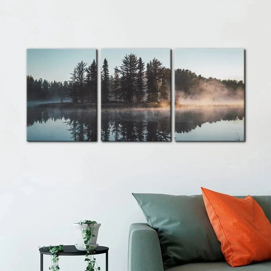 3pcs Natural Trees with Misty Lake Reflection Metal Print Ready to Hang Art