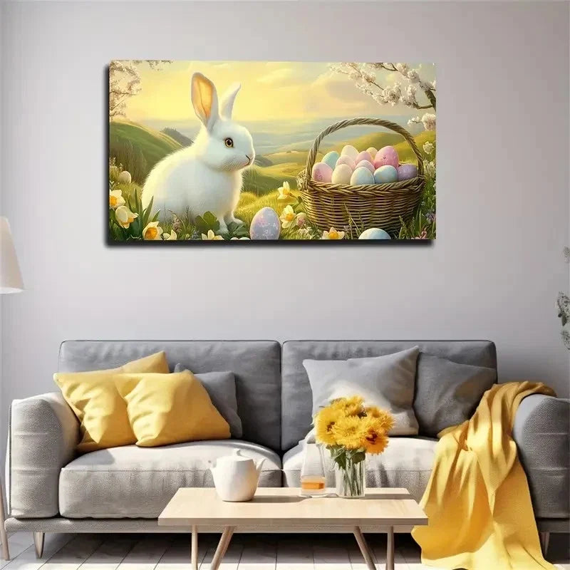 Spring Bunny & Easter Eggs Wall Art Canvas Office Home Room Framed 120x60cm