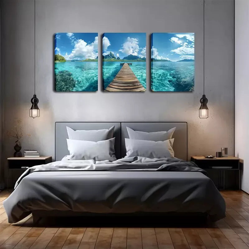 3pcs Serene Wooden Bridge & Turquoise Ocean Scene Wall Art Set Canvas Framed 40x60cm - High Quality Print 100% Australian Made Wall Canvas Ready to Hang