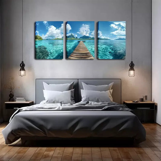 3pcs Serene Wooden Bridge & Turquoise Ocean Scene Wall Art Set Canvas Framed 40x60cm - High Quality Print 100% Australian Made Wall Canvas Ready to Hang