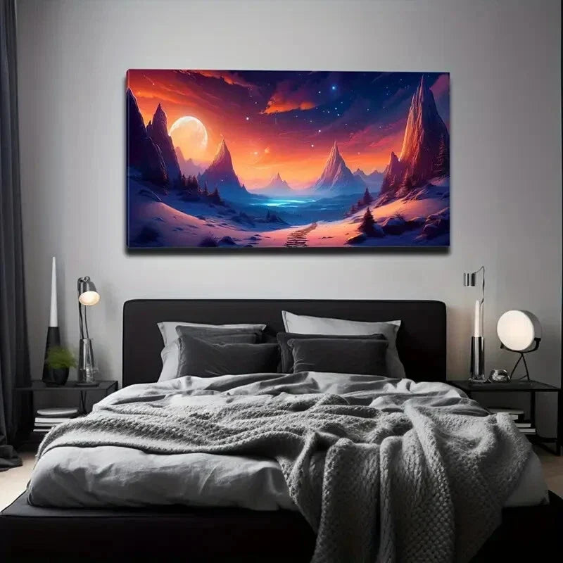 Full Moon and Vibrant Sky Snowy Wall Art Canvas Office Home Room Framed 120x60cm