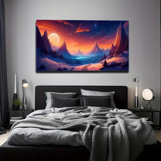 Full Moon and Vibrant Sky Snowy Wall Art Canvas Office Home Room Framed 120x60cm