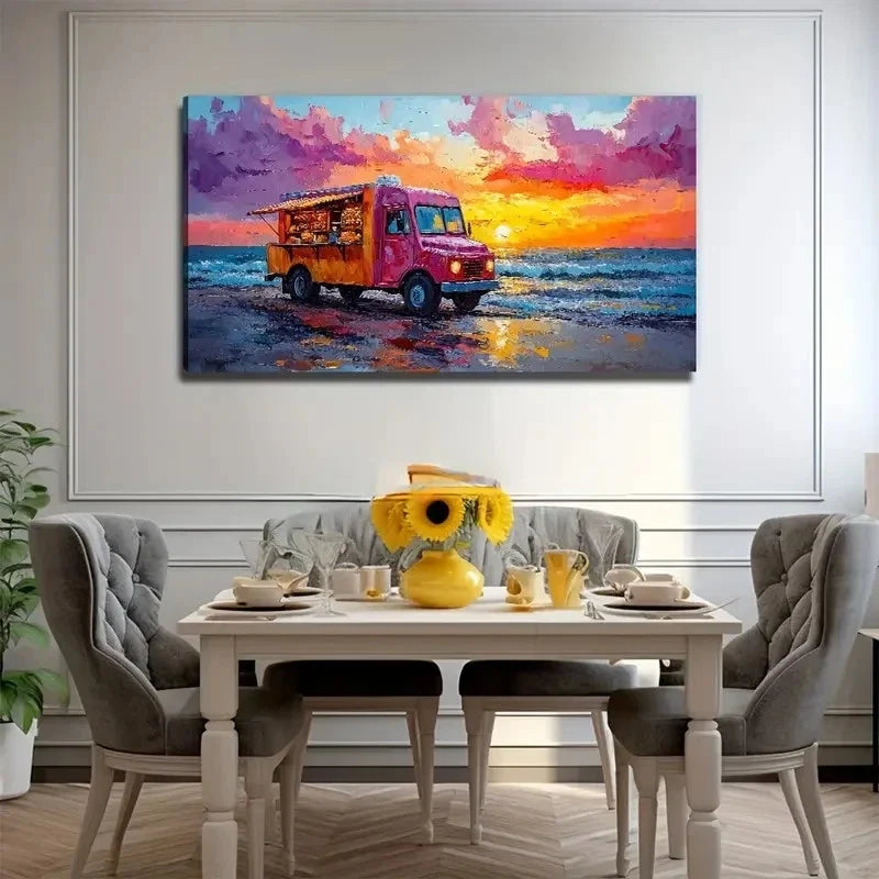 Food Truck By The Sea Wall Art Canvas Office Home Room Framed 120x60cm