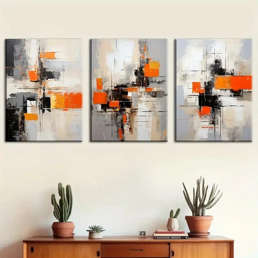 3pcs Abstract Orange Block Geometric Lines Metal Print Ready to Hang Art