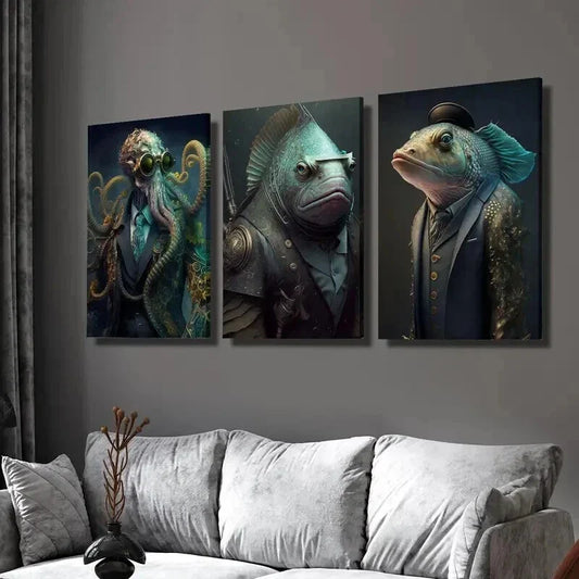3pcs Steampunk Octopus & Fish Warrior Wall Art Set Canvas Framed 40x60cm - High Quality Print 100% Australian Made Wall Canvas Ready to Hang