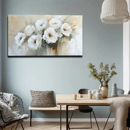 White Flowers with Golden Wall Art canvas office home room framed 120x60cm
