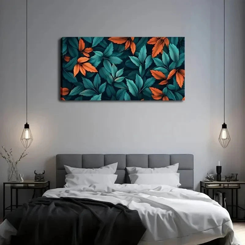Vibrant Green & Orange Leaves Wall Art canvas office home room framed 120x60cm