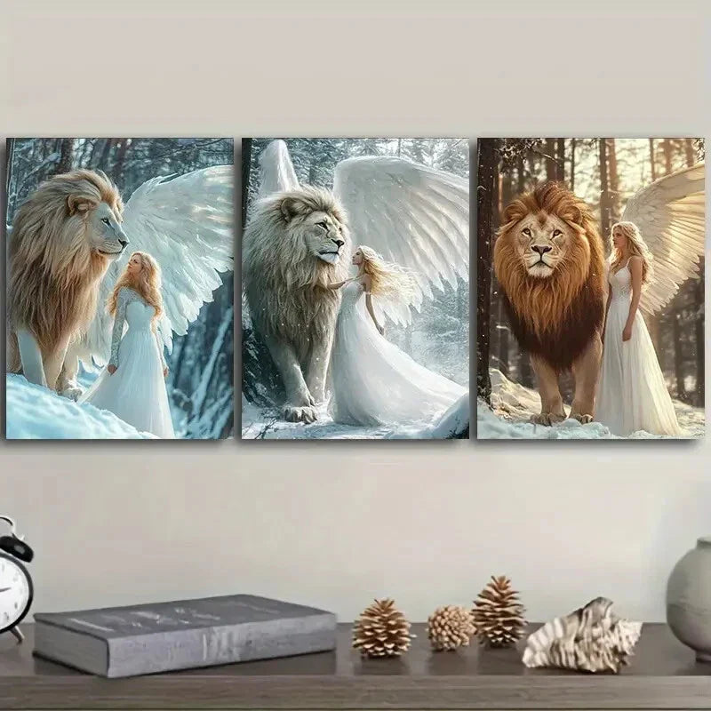3pcs The girl and the lion in the snow  Wall Art Set Canvas Framed 40x60cm - High Quality Print 100% Australian Made Wall Canvas Ready to Hang