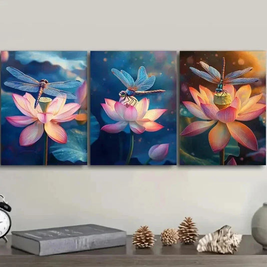 3pcs Dragonflies Resting on Lotus Flowers Wall Art Set Canvas Framed 40x60cm - High Quality Print 100% Australian Made Wall Canvas Ready to Hang