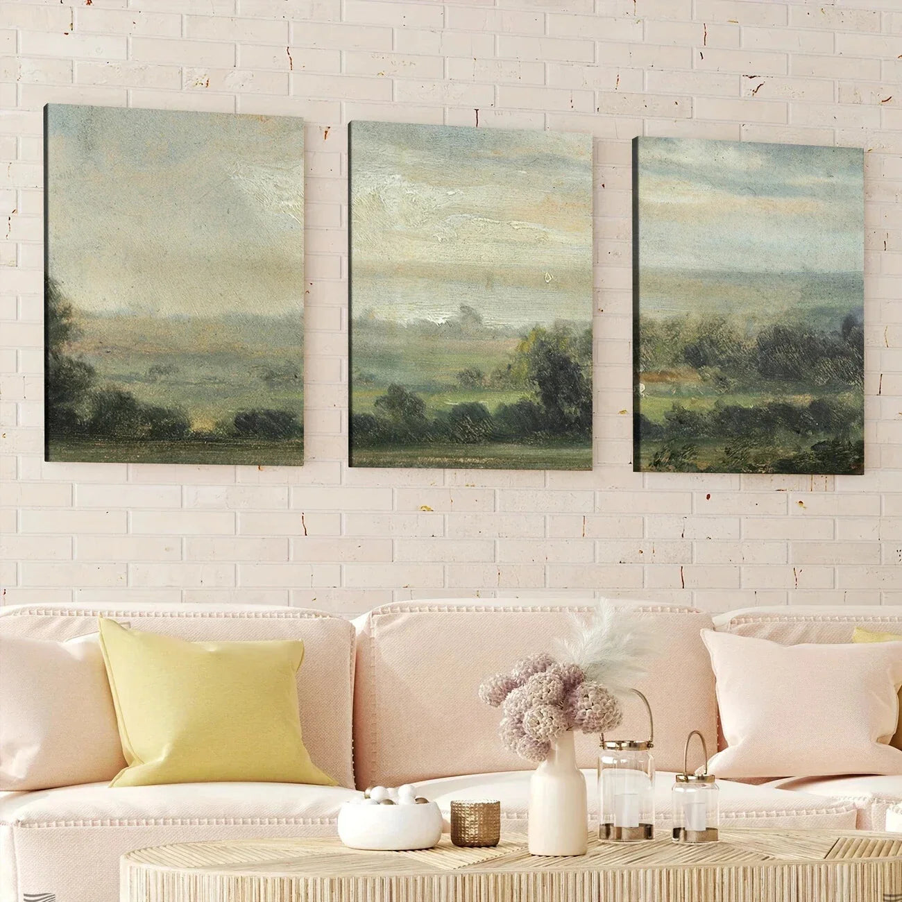 3pcs Vintage Green Nature Forest Sky Grasses Wall Art Set Canvas Framed 40x60cm - High Quality Print 100% Australian Made Wall Canvas Ready to Hang