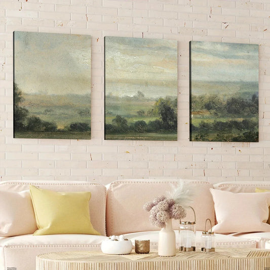 3pcs Vintage Green Nature Forest Sky Grasses Wall Art Set Canvas Framed 40x60cm - High Quality Print 100% Australian Made Wall Canvas Ready to Hang