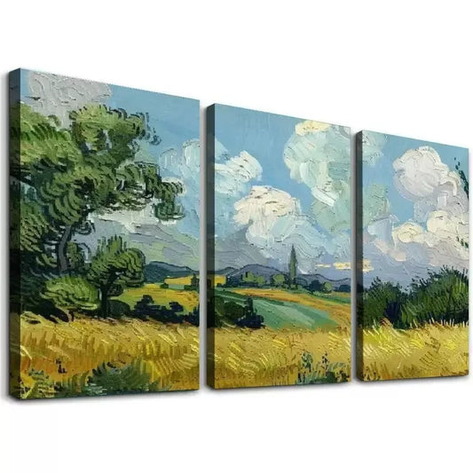 3pcs Van Gogh Wheat Field with Cypresses Wall Art Set Canvas Framed 40x60cm - High Quality Print 100% Australian Made Wall Canvas Ready to Hang