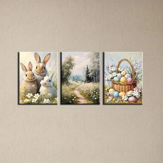 3pcs Spring Bunny & Easter Basket Metal Print Ready to Hang Art