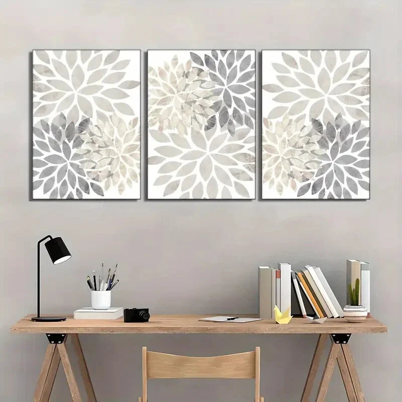 3pcs Beige Grey Tan Floral Art Decorative Metal Print Ready to Hang Art