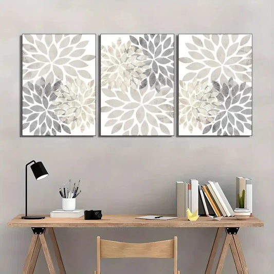 3pcs Beige Grey Tan Floral Art Decorative Metal Print Ready to Hang Art